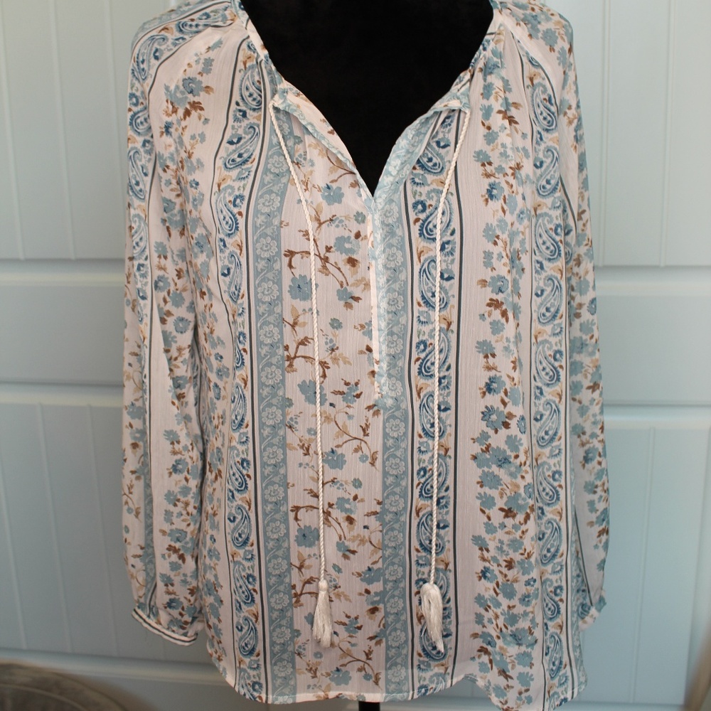 Beautiful sheer Light Blue & White Flower Blouse
